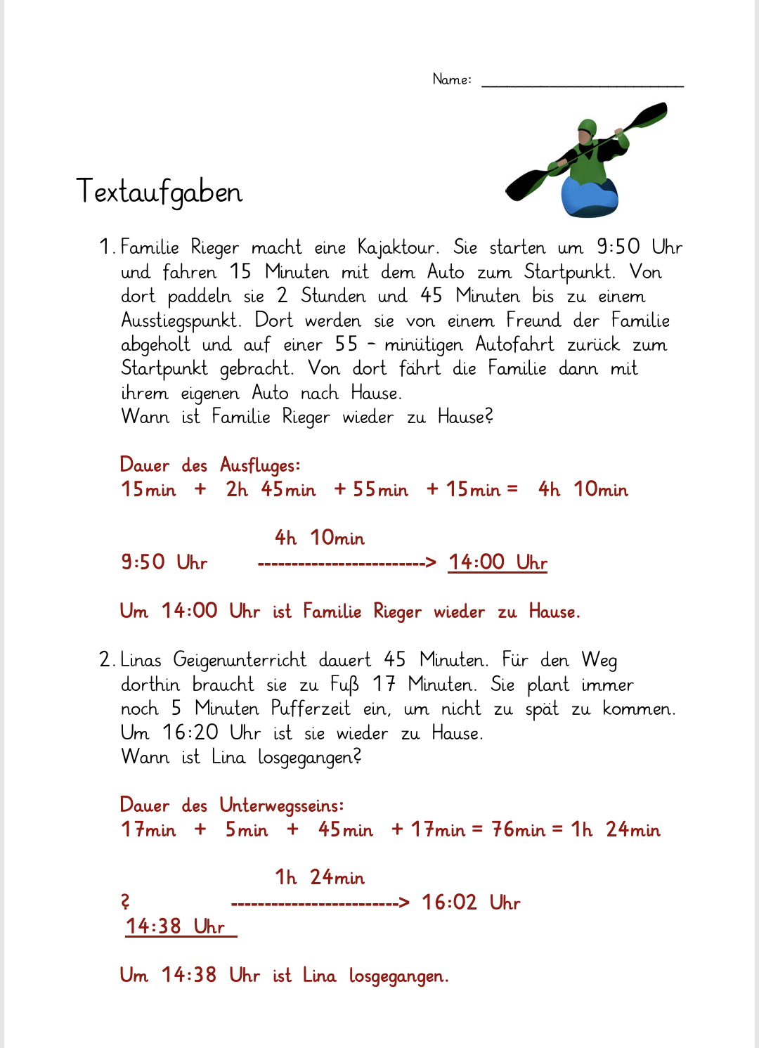 Textaufgaben Klasse 3 u 4 Rechnen mit der Zeit - mit Lösungsblatt